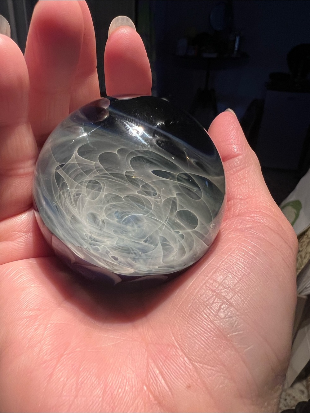 Handblown Glass Art Sphere in Black and White Swirl Signed & dated Like New!